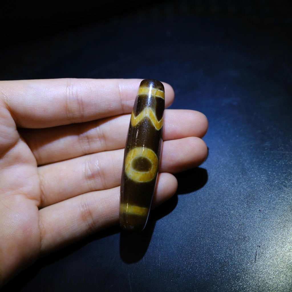 Antique Tibetan Heaven Earth Sun Moon Dzi Bead, Old Weathered Agate 57x13mm