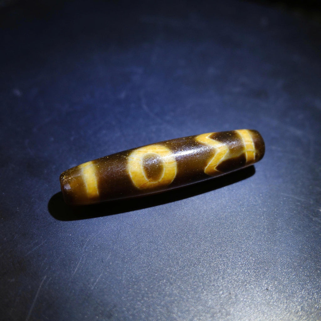Antique Tibetan Heaven Earth Sun Moon Dzi Bead, Old Weathered Agate 57x13mm