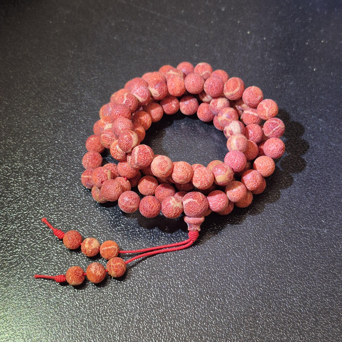 Handmade Red Coral Mala, 108 8mm Raw Beads Buddhist Rosary