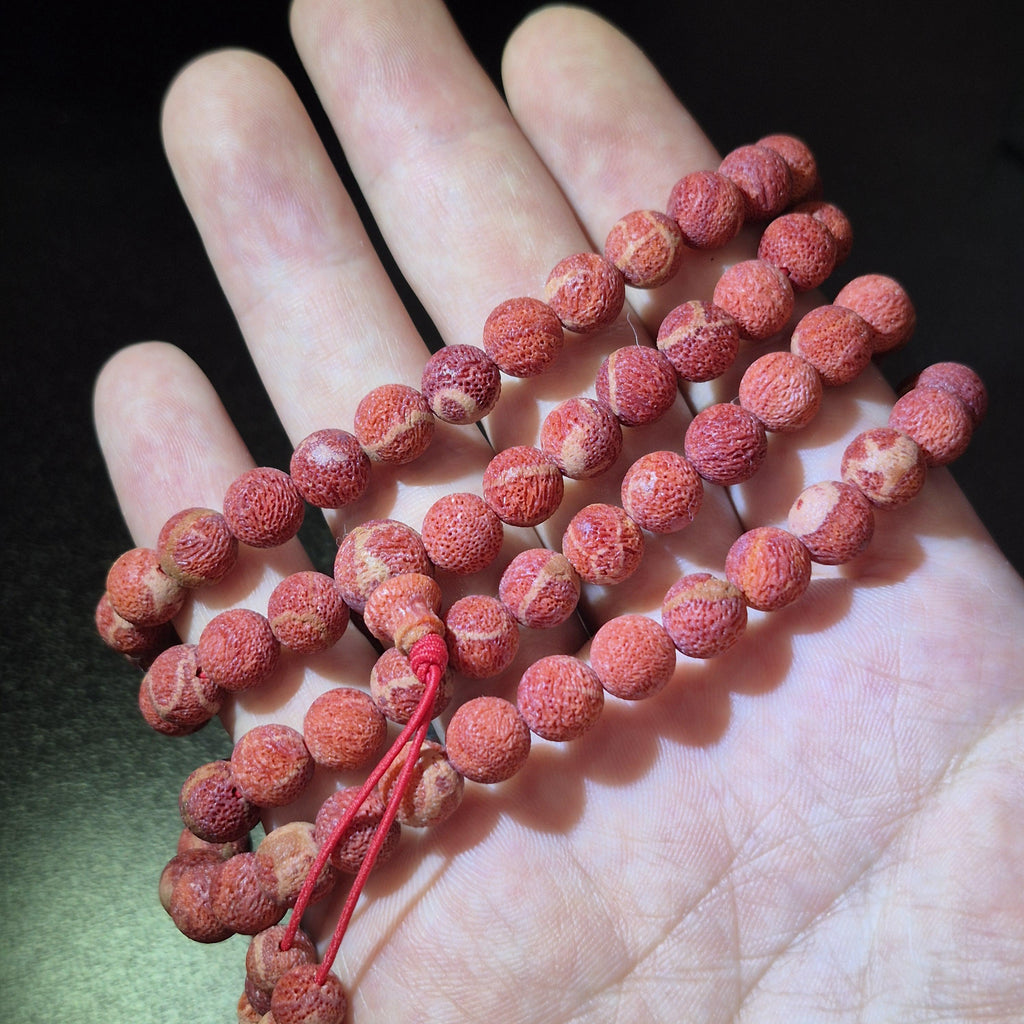 Handmade Red Coral Mala, 108 8mm Raw Beads Buddhist Rosary