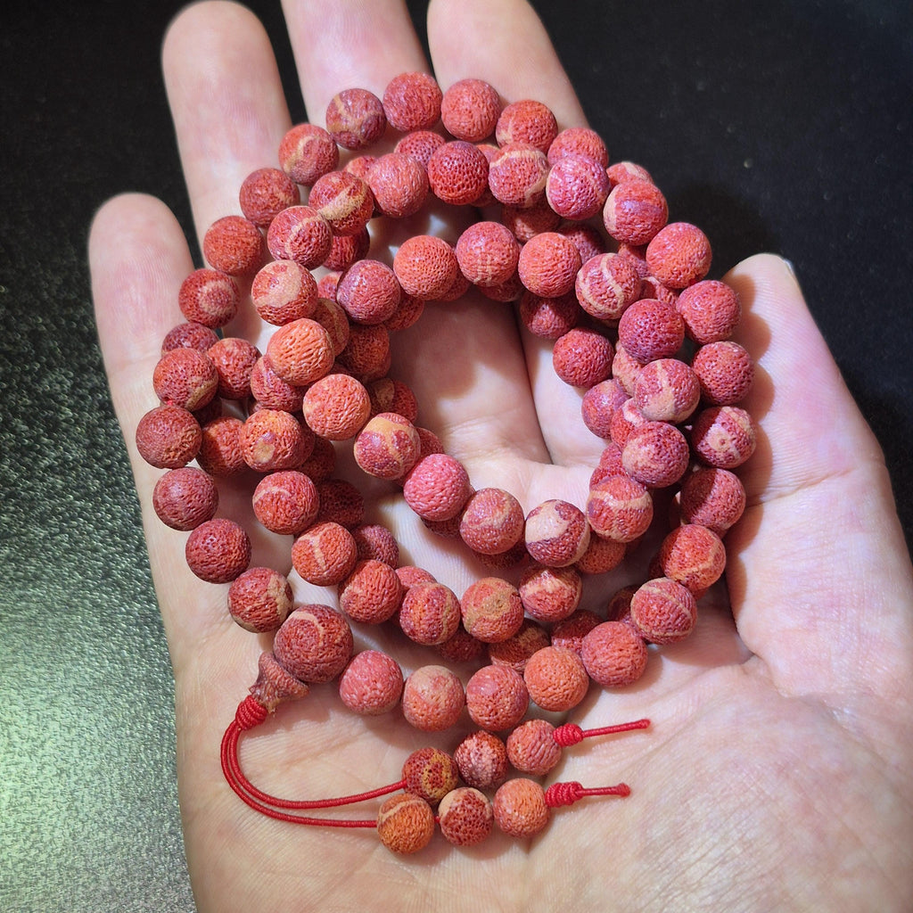 Handmade Red Coral Mala, 108 8mm Raw Beads Buddhist Rosary
